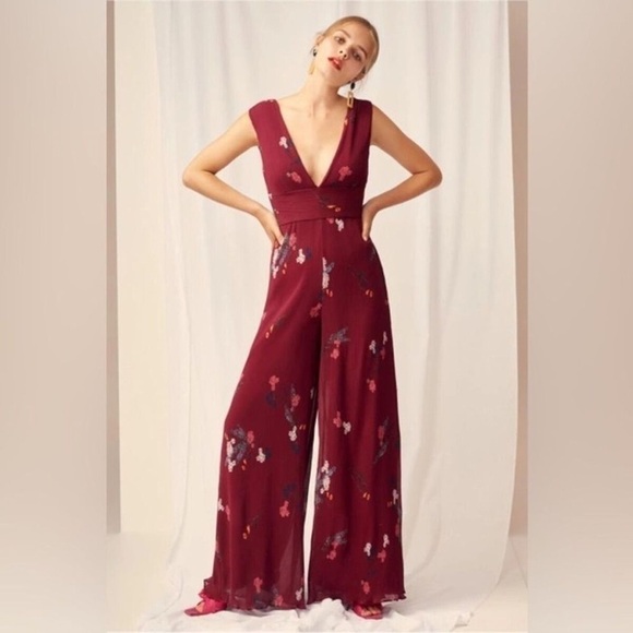 keepsake Night Fall Jumpsuit Plum Floral Wideleg Deep V Crepe Pleated Size Small - Picture 1 of 16